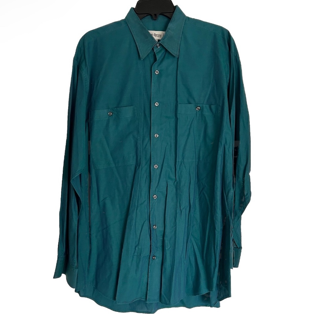 Vintage Paolo Barone 100% Cotton Teal Blue Mens Button Up Dress Shirt Iridescent